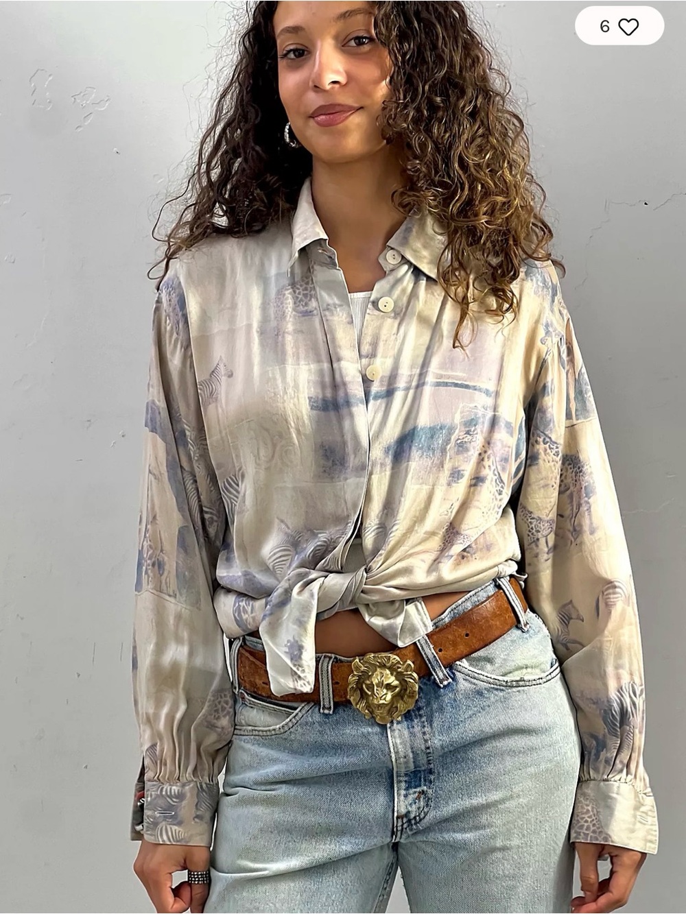 Vintage silk blouse rare Beige & Pale Blue Tie-Front Button Down Shirt zebra 16